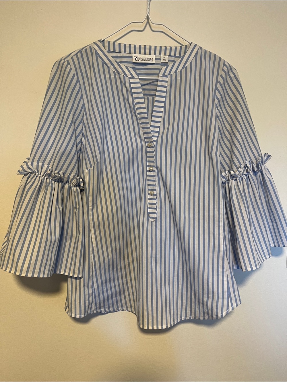 7th Avenue New York & co.White and Blue Striped Ruffle Bell Sleeve Top
